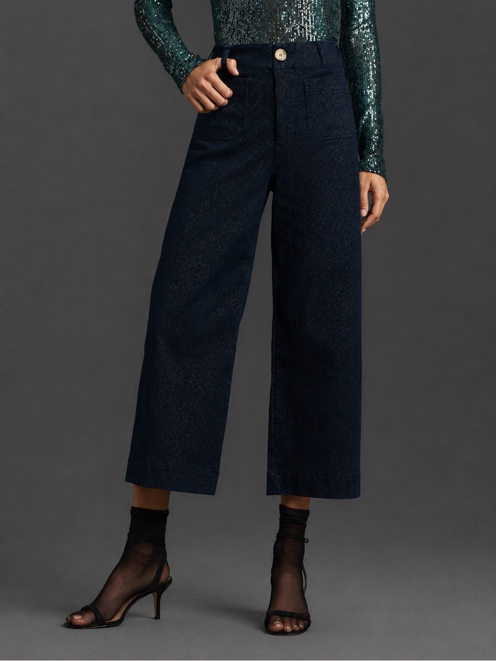 NWT Anthropologie Maeve The Colette Sparkle Denim Cropped Wide- Leg Jeans